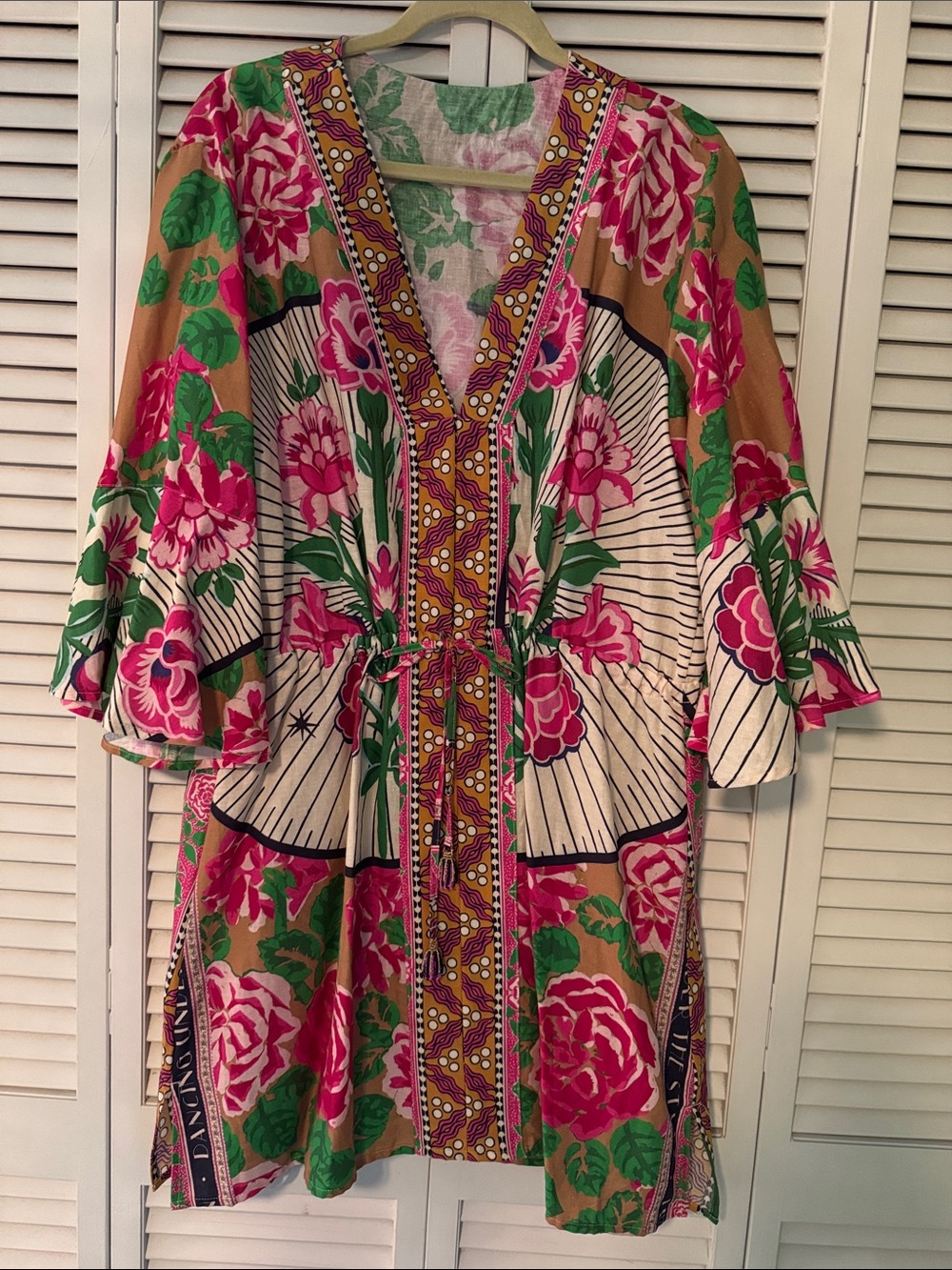 Maaji Pink and Green Floral Midi Dress with Tan Accents